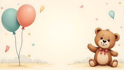 Teddy Bear and Balloons Baby Announcement Banner with Text Space
