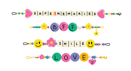 Handmade cartoon-inspired friendship bracelet set. Vibrant beaded jewelry featuring letters, stars, hearts, and animals. Fun, colorful, and nostalgic DIY accessories with a retro vibe. Perfect for add