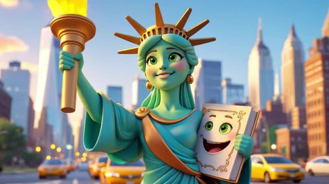 Charming Cartoon Statue of Liberty Holding Smiling Book in Vibrant New York City with Yellow Taxis and Skyscrapers at Sunset