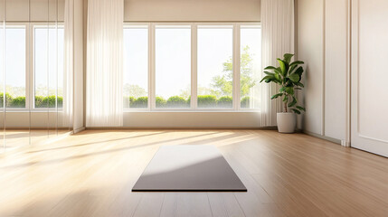 Fototapeta premium Bright yoga studio interior design with mat plant and windows for meditation space