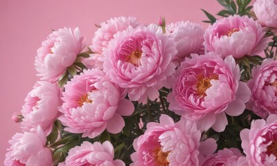 Fototapeta premium Dense cluster of pink peonies, soft pink backdrop, vibrant, image, floral background