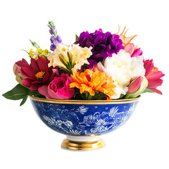 A Stunning Blue and Gold Porcelain Bowl Filled with Colorful Flowers Isolated on Transparent Background