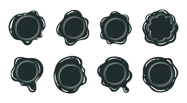 Wax seal silhouettes. Black postage seals, monochrome wax stamps flat vector illustration set. Cartoon vintage postal wax seal collection