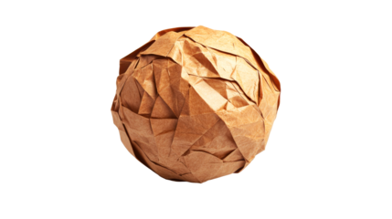 Crumpled paper form, geometric sphere, brown color, origami shape, cut out transparent