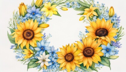 Obraz premium watercolor sunflower and lily wreath a delicate watercolor floral wreath featuring sunflowers lilies and forget me nots symbolizing warmth joy remembrance beauty and new beginnings