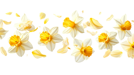 Blooming daffodils arrangement with petals, Spring floral border, cut out transparent