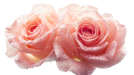 Pair of Tender Pink Roses with Glittering Droplets, cut out transparent