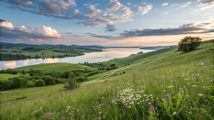 peaceful green field with cloudy sky and natural scenery