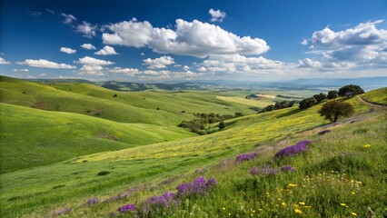 peaceful green field with cloudy sky and natural scenery
