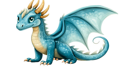 Obraz premium Cute Blue Dragon, Whimsical Design, Mythical Creature, Sitting, «, cut out transparent