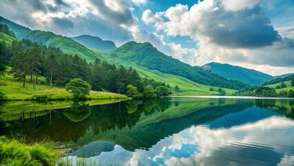 peaceful green field with cloudy sky and natural scenery