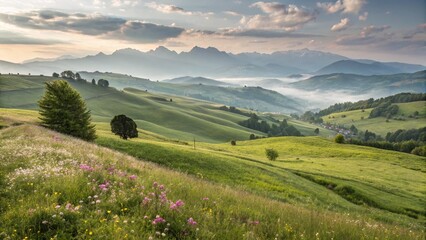 peaceful green field with cloudy sky and natural scenery