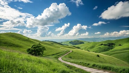 peaceful green field with cloudy sky and natural scenery