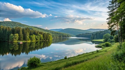 peaceful green field with cloudy sky and natural scenery