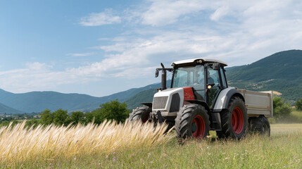 Obraz premium vibrant scene showcasing modern agricultural machinery in lush green field under bright blue sky