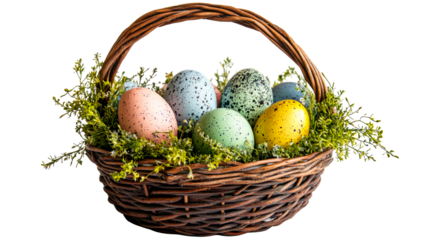 Festive speckled eggs in wicker basket with flora, cut out transparent