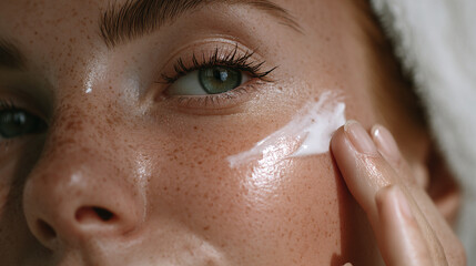 Naklejka premium Woman applying facial cream for skincare routine beauty treatment and wellness spa