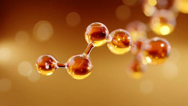 Molecular structure on orange background. Scientific model representation for cosmetic product with coenzyme. Atom model for medical research and nanotechnology.