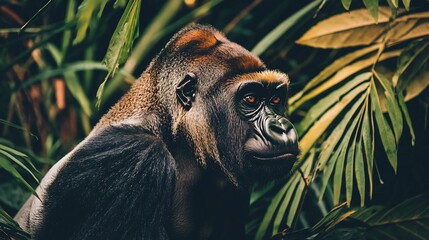 Obraz premium Side View of a Gorilla In a Dense Rainforest Habitat Showing Muscle Tension and Deep Emotion With Macro Detail In Its Face Captured In Natural Background
