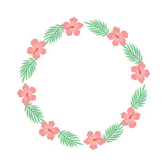 Tropical floral wreath with hibiscus flowers and palm leaves