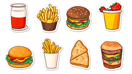 Fast food stickers featuring burgers, sandwich, fries, drink, cut out transparent