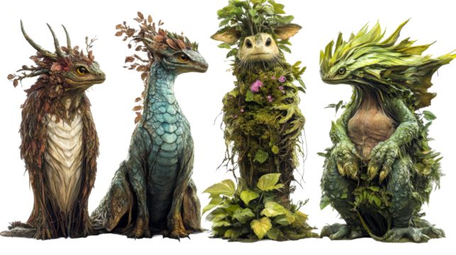 Fantasy Creatures Inspired by Nature, Group of Four, Cut out transparent