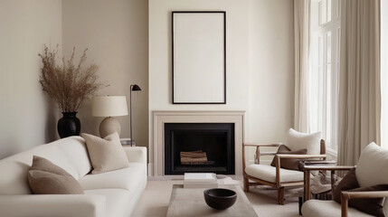 Modern minimalist living room with neutral tones, cozy seating, large window, and decorative fireplace, styled with natural textures and soft lighting for a warm, elegant interior.
