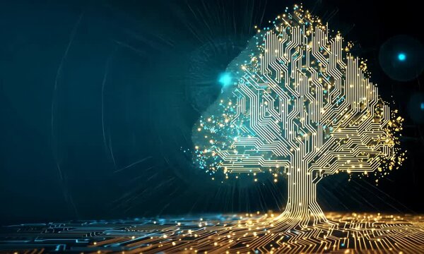 Futuristic glowing technology tree made of digital circuits and electric data spark patterns