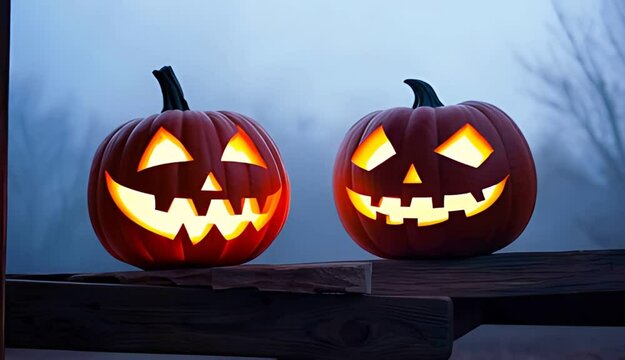 Two carved Halloween pumpkins with glowing faces come into focus sitting outdoors on wood with a foggy background