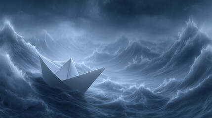 Obraz premium A lone paper boat floating through a stormy sea, surrounded by towering waves and rain, evoking a sense of struggle and perseverance.