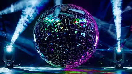 Glittering disco ball rotates with colorful lights, seamless loop - Powered by Adobe