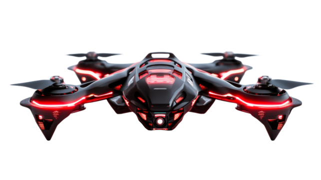 Drone with Red Lights, Front View, Isolated, Cut Out Transparent