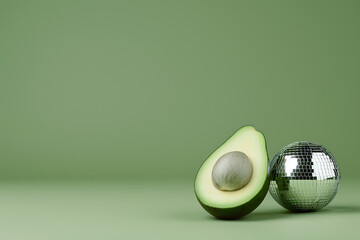 avocado party theme, avocado winking with a disco ball half, creating a funky and fun food party theme