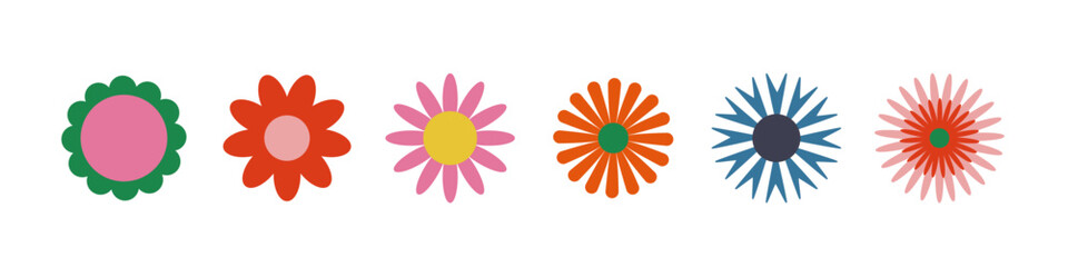 Set of six stylized flower icons in flat design, each with distinct shapes and vibrant colors, ideal for spring-themed visuals.
