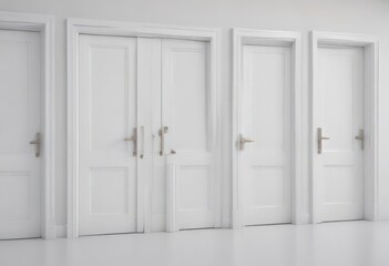 Rows of pristine white doors, different positions, against a white backdrop ,  detail,  white walls
