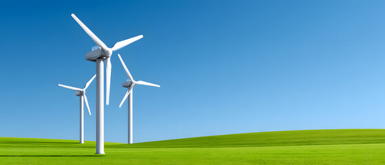 Fototapeta premium Wind turbines against blue sky. Sustainable, renewable energy, Wind energy, Sustainable resources, Green technology, Innovations concept. Copy space for text. Banner, cover, advertising. 