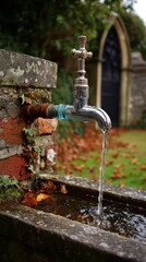 Water flows freely from a vintage chrome faucet into an old stone fountain outside a religious building surrounded by trees.