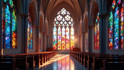 Obraz premium Modern church architecture, stained glass detail, roof, building