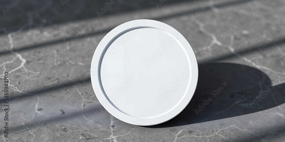 Poster a white round object sits on a gray textured surface with shadows cast across the background
