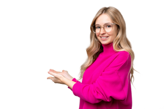 Young English woman over isolated background extending hands to the side for inviting to come