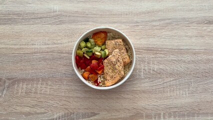 Enjoy a Healthy Salmon Bowl with Mixed Vegetables and fluffy Rice for nourishment