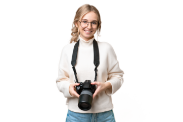 Young photographer English woman over isolated background laughing
