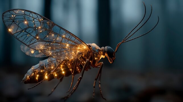Illuminated Insect with Glowing Wings and Intricate Design Perfect for Fantasy and Science Fic