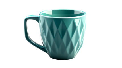 Diamond patterned teal ceramic mug, angled view, studio shot, «, cut out transparent"