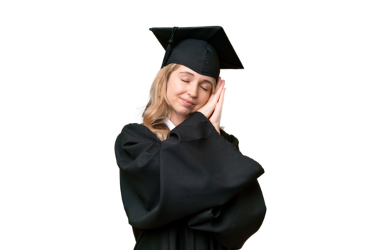 Young university English graduate woman over isolated background making sleep gesture in dorable expression