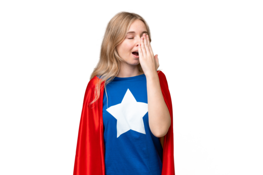 Super Hero English woman over isolated background yawning and covering wide open mouth with hand