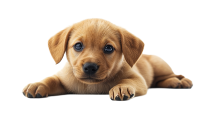 Puppy with brown fur poses while lying down, cut out transparent