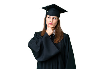 Middle age university graduate woman over isolated background having doubts and with confuse face...