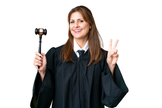 Judge caucasian woman over isolated background smiling and showing victory sign