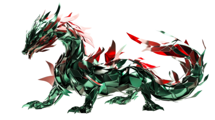 Metallic dragon figurine, scales, creative creature, mythical animal, cut out transparent